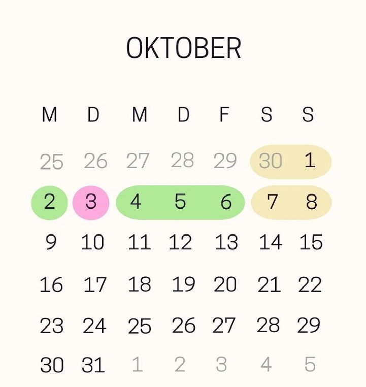 Monatskalender Oktober 2023 mit den Brückentagen für den Tag der Deutschen Einheit