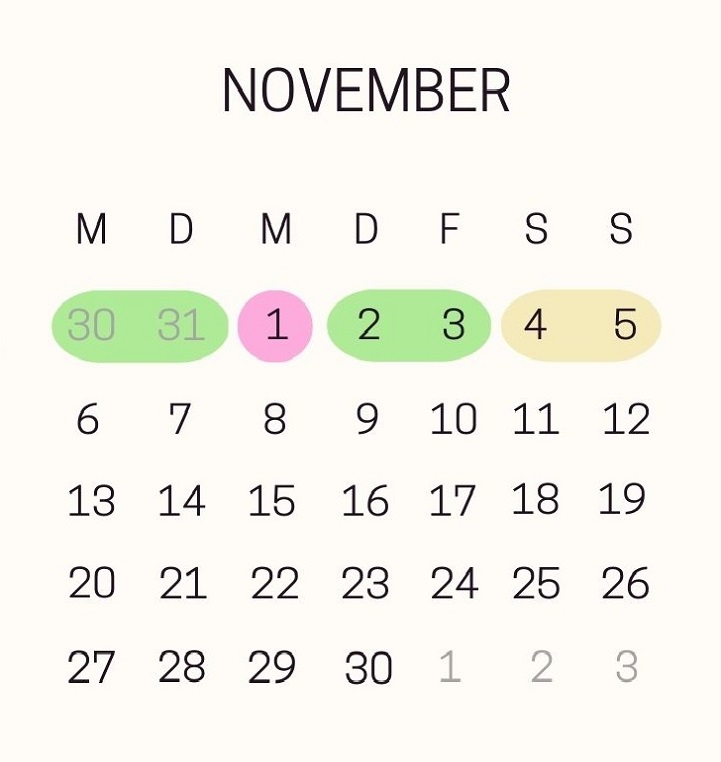 Monatskalender November 2023 mit den Brückentagen für die Allerheiligen