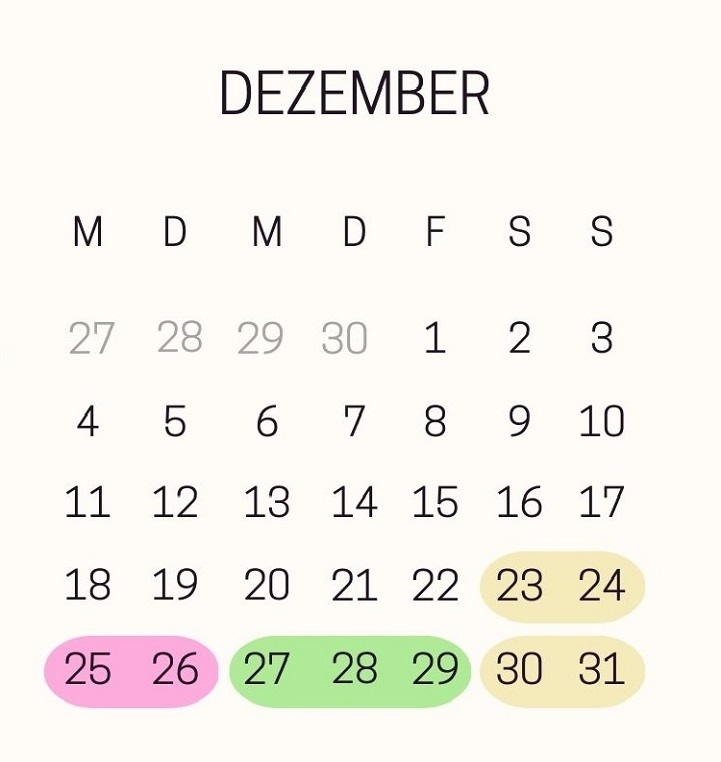 Monatskalender Dezember 2023 mit den Brückentagen für Weihnachten