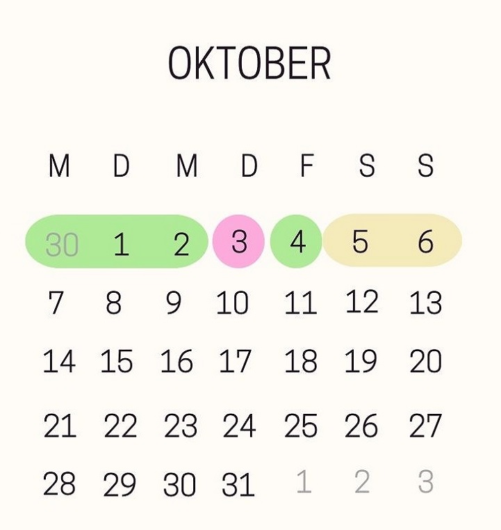 Monatskalender Oktober 2024 mit den Brückentagen für den Tag der Deutschen Einheit