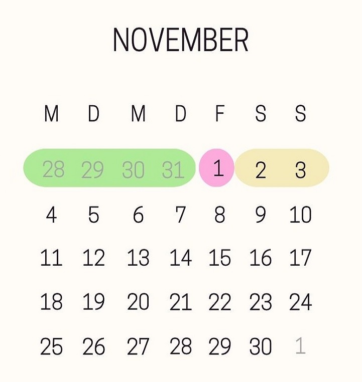 Monatskalender November 2024 mit den Brückentagen für die Allerheiligen