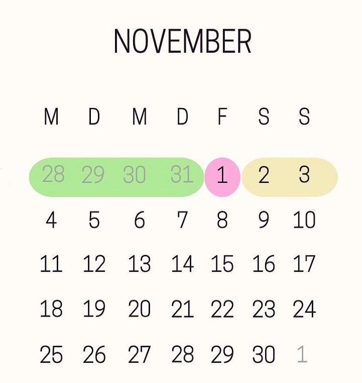 Monatskalender November 2024 mit den Brückentagen für den Reformationstag