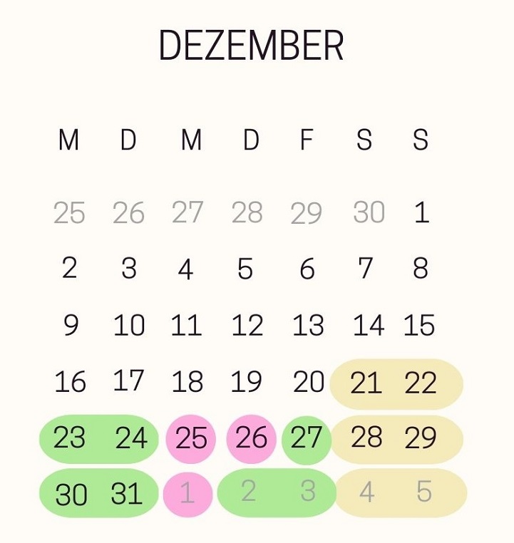 Monatskalender Dezember 2024 mit den Brückentagen für Weihnachten und Neujahr