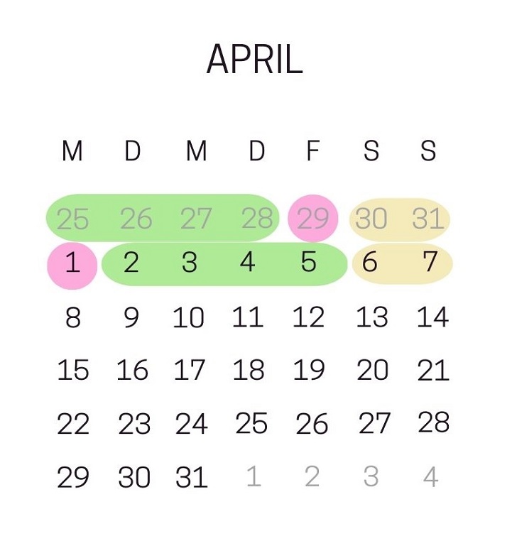 Monatskalender April 2024 mit den Brückentagen für Ostern