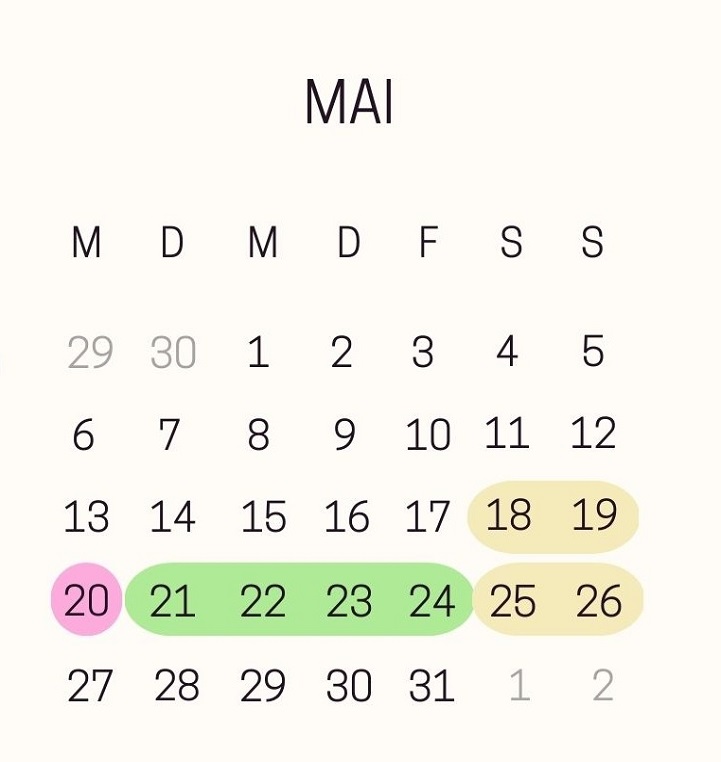 Monatskalender Mai 2024 mit den Brückentagen für Pfingsten