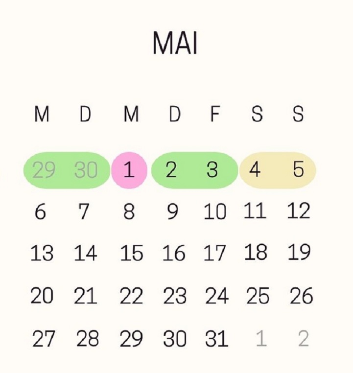 Monatskalender Mai 2024 mit den Brückentagen für den Tag der Arbeit