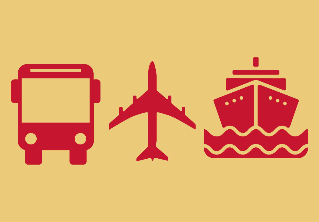 Icon von einem Bus, Flugzeug und Schiff in rot auf gelbem Hintergrund