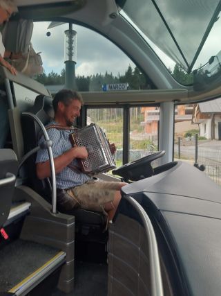 Mann spielt Akkordeon auf Busfahrer Sitz