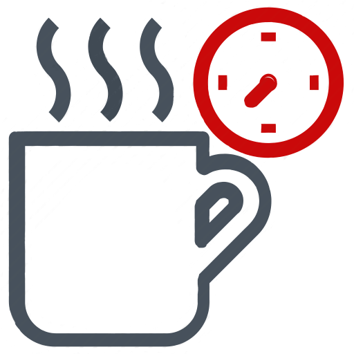 Pausen Icon mit einer grauen dampfenden Tasse und einer roten Uhr