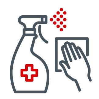 Sprühflasche mit einem roten Kreuz drauf und eine Hand mit einem Waschlappen