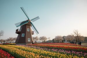 Eine traditionelle Windmühle steht  in einem bunten Tulpenfeld