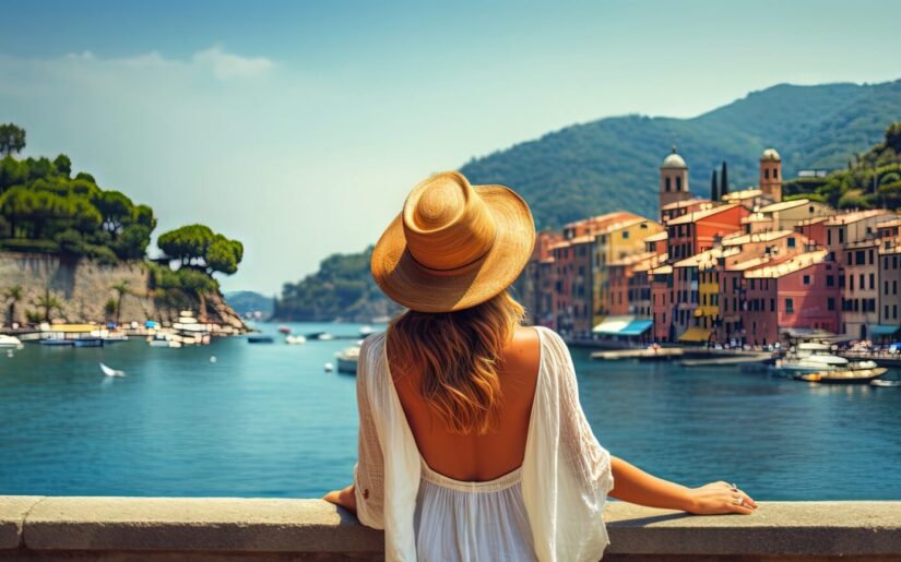 © vxnaghiyev - stock.adobe.com Touristin mit Hut blick auf Portofino in Italien auf einer Busreise