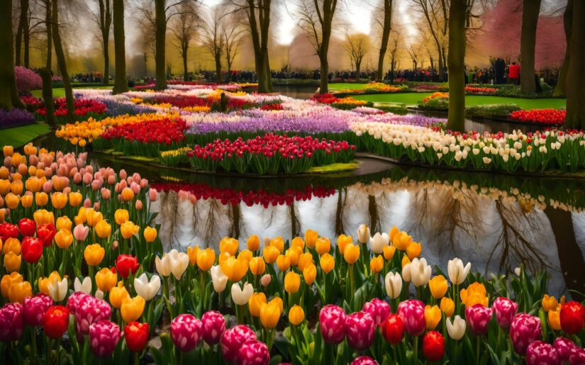 Tulpenfeld im Keukenhof mit Fluss