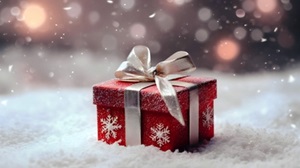 hübsch verpacktes Weihnachtsgeschenk im Schnee