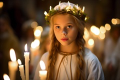 Luciafest in Schweden - schwedische Weihnachtstradition bei der ein Mädchen einen Kerzenkranz auf den Kopf trägt